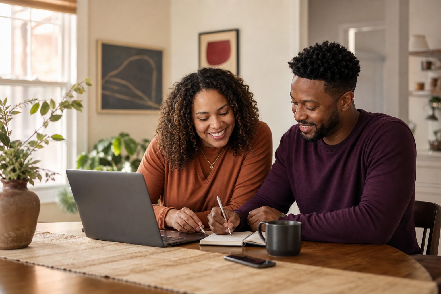 Couple looking at a notebook and laptop together at home