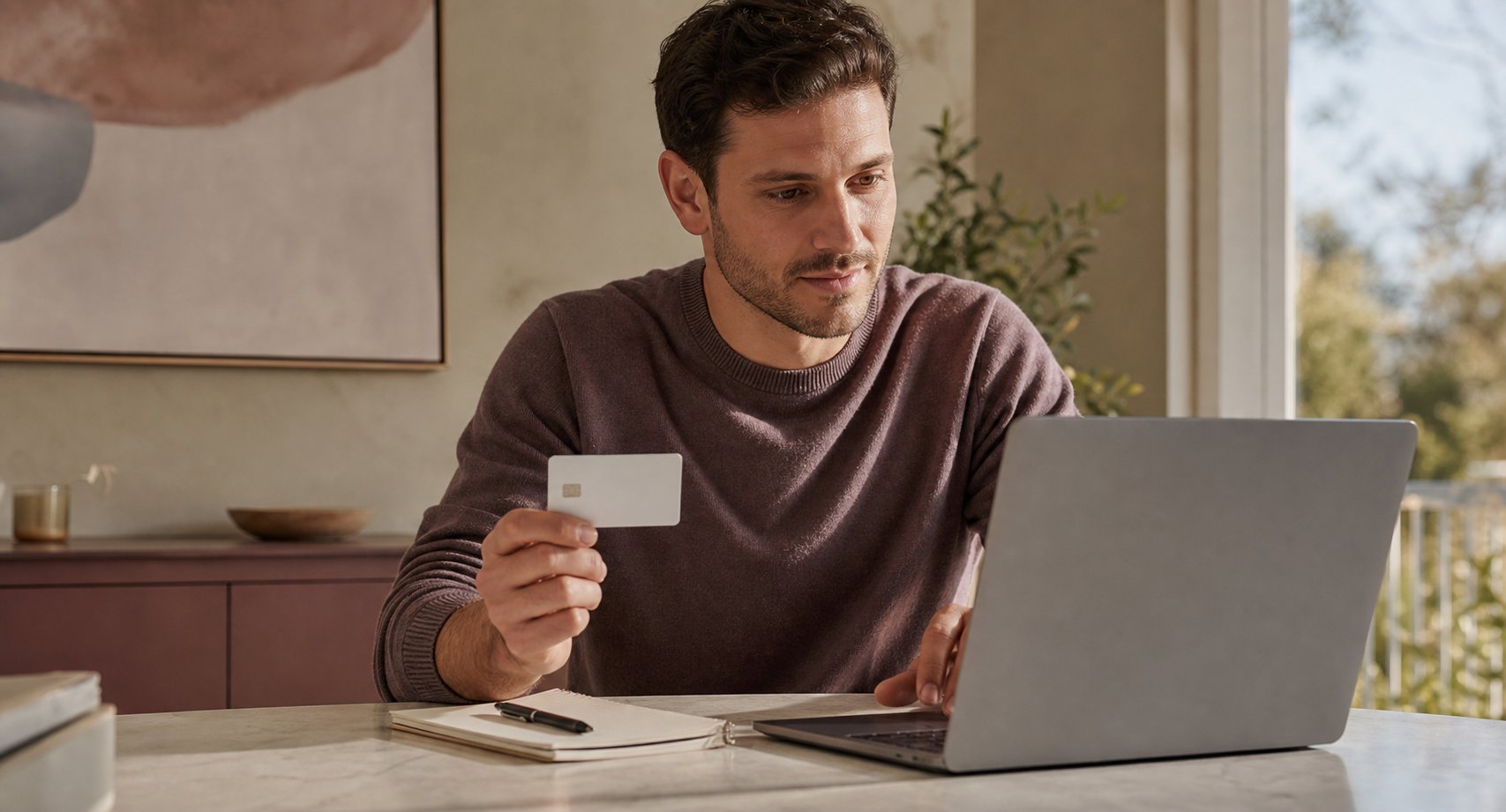 Man considering credit options with a laptop and card at home
