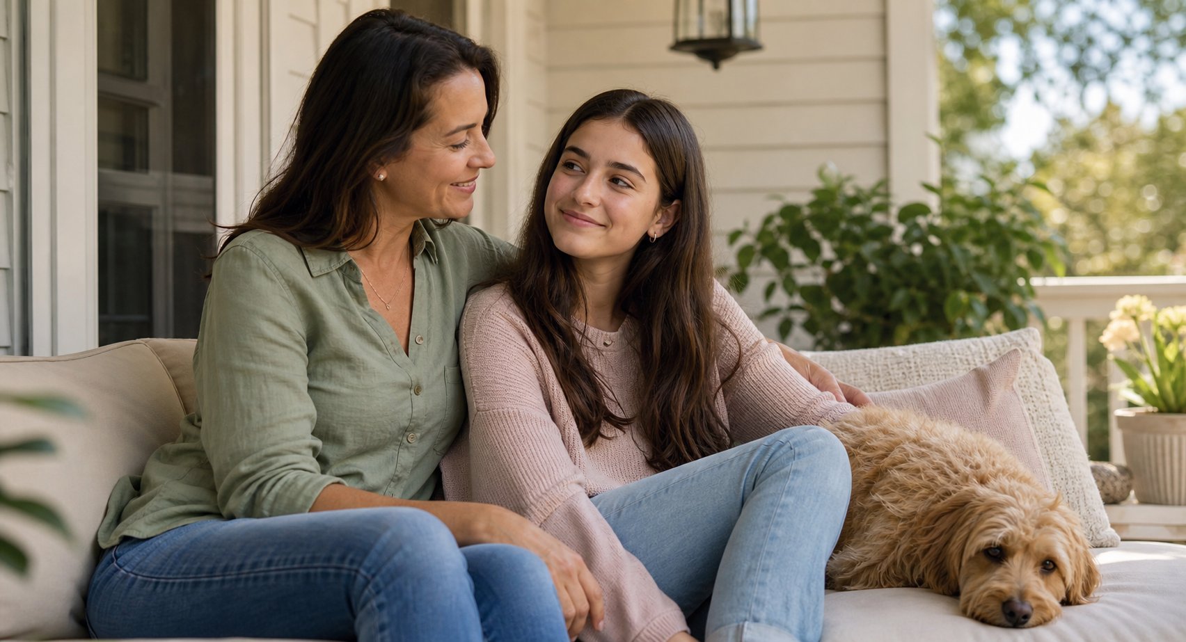 Mother and daughter relaxing with their dog on a porch