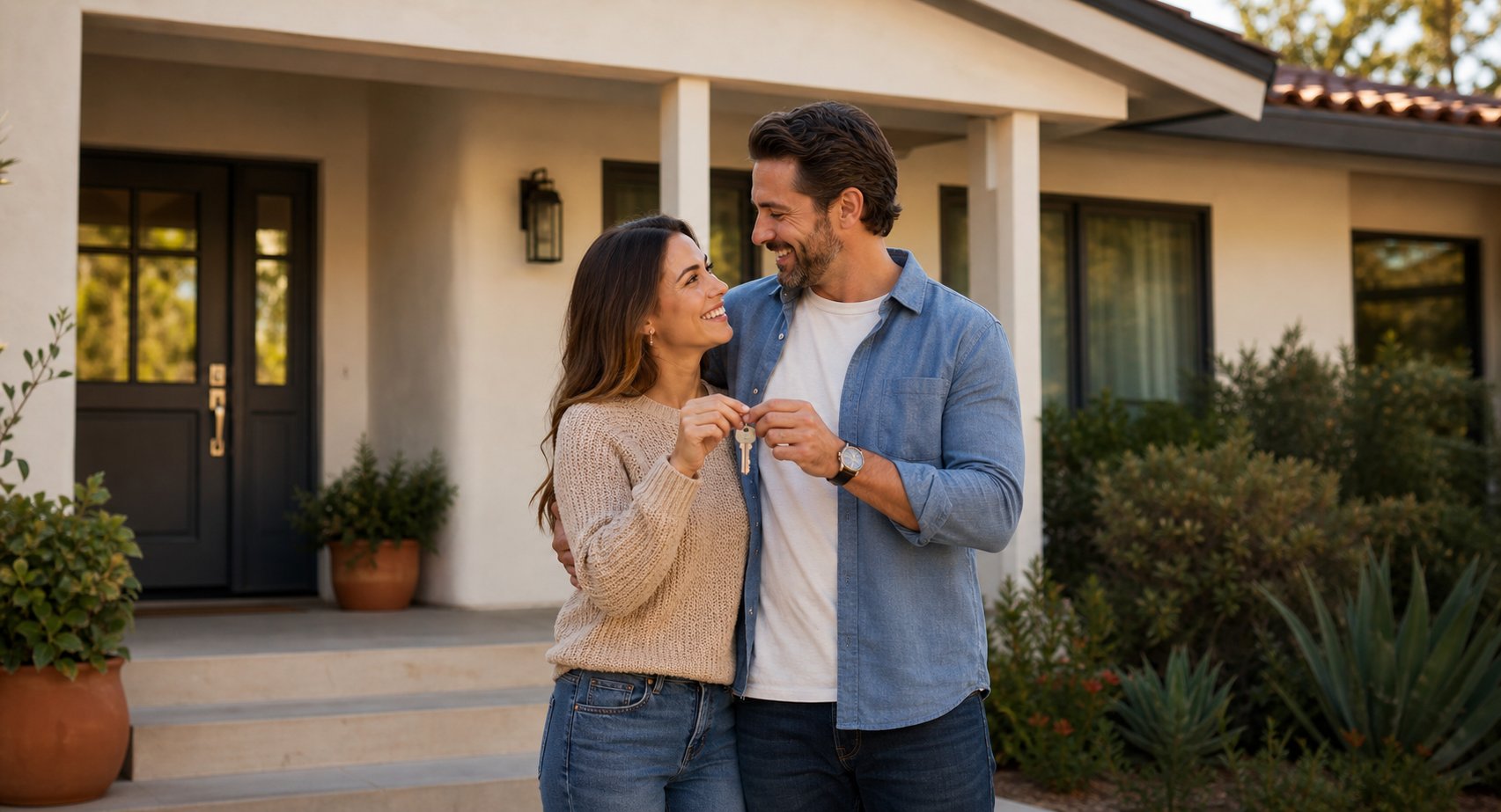 Couple holding the keys to a home on its front porch