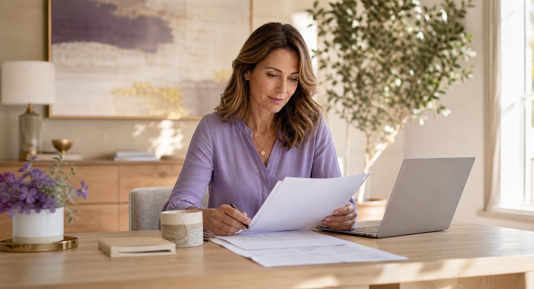 Woman reviewing financial plans at a bright home office desk